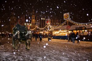 Nuremberg christmas market snow and horse carriage